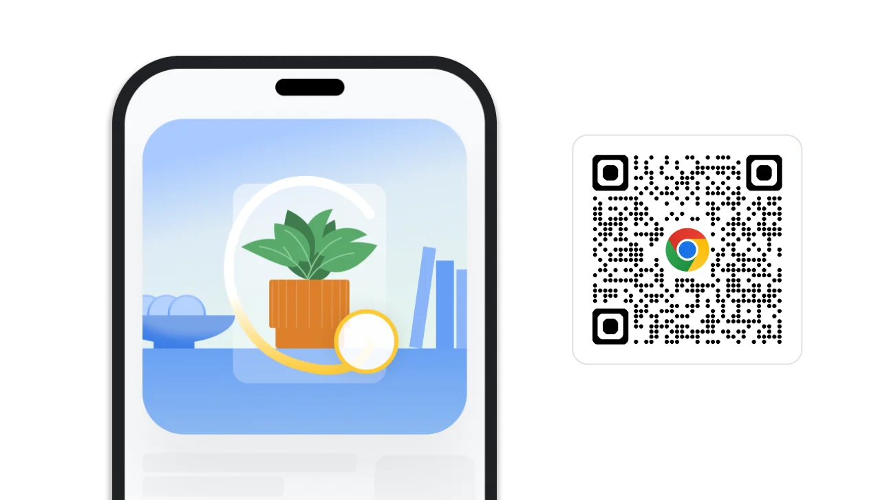 An image of searching by drawing on Chrome. Next to the image is a QR code that can be used to download Chrome.