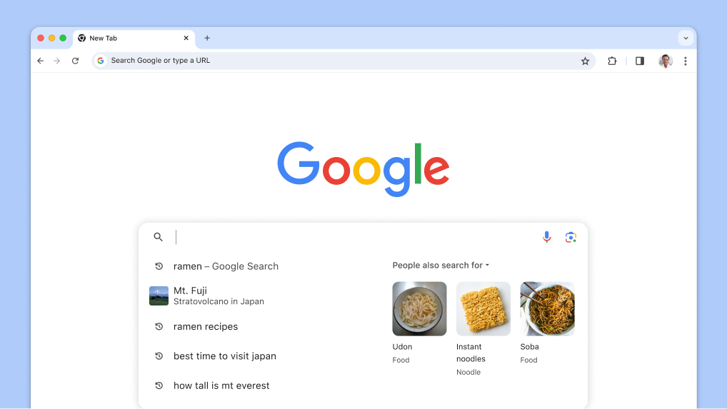 The cursor is shown in the search box with automatically loaded past searches and related topics.